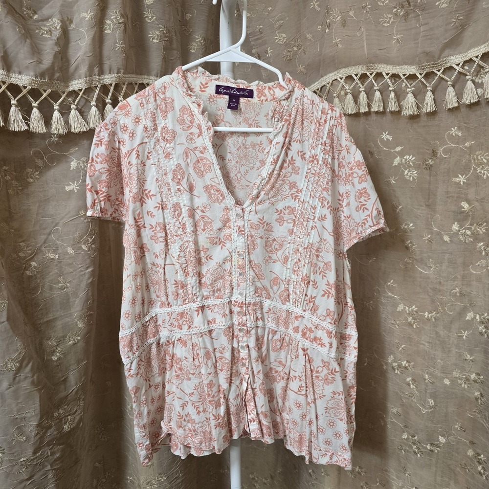 Gloria Vanderbilt Women 3X Coral‎ Floral Lace Trim Button Front Cotton Blouse